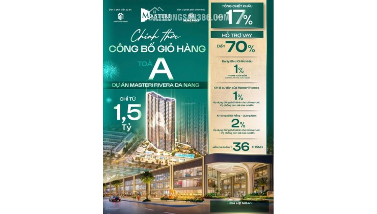 Masteri Đà Nẵng, độc quyền căn 2PN view pháo hoa toà A trục 12 tầng 10, giá công khai 6 tỷ 7